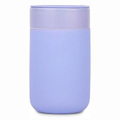 a blue cup with a white lid on a white background