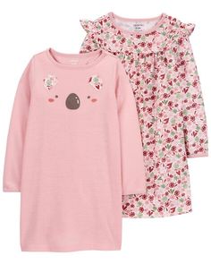 Kid 2-Pack Long-Sleeve Nightgowns - Carter's | Carter's Long Sleeve Floral Print Sleepwear For Sleepover, Casual Long Sleeve Nightgown With Floral Print, Casual Long Sleeve Floral Print Nightgown, Floral Print Long Sleeve Nightgown For Loungewear, Cute Floral Print Sleepwear For Pajama Party, Floral Print Long Sleeve Nightgown For Sleepovers, Long Sleeve Floral Print Nightgown For Sleepovers, Cute Cotton Long Sleeve Nightgown, Cute Cotton Nightgown With Long Sleeves