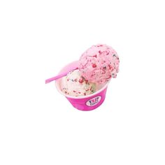 an ice cream with sprinkles in a pink cup on a white background