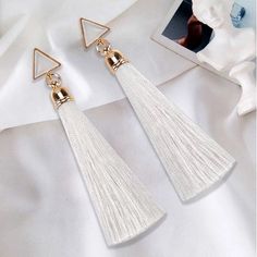 White And Gold Bohemian Long Tassel Drop Earrings For Women Fashion Vintage Ethnic Fringe Gold Triangle Dangle Earring Fashion Jewelry Coach Earrings, Minnie Mouse Earrings, Witch Earrings, Vintage Stud Earrings, Tory Burch Earrings, Spider Earrings, Bottle Earrings, Earring Fashion, Gold Triangle