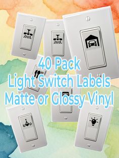 four light switch labels with the words 40 pack in white and black on watercolor background