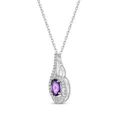 Up your style factor with this shimmering necklace. Created in sterling silver, this swirl pendant combines an oval-cut amethyst with ribbons of round-cut white lab-created sapphires in an unforgettable look. The pendant suspends along an 18-inch cable chain that secures with a lobster clasp. Elegant Purple Oval Pendant Necklace, Purple Oval Pendant Necklace For Anniversary, Oval Purple Necklace For Anniversary, Purple Oval Necklace For Anniversary, Purple Oval Necklaces For Anniversary, Elegant Oval Silver Birthstone Necklace, Silver Oval Birthstone Necklace For Anniversary, White Lab, Necklace Clasps