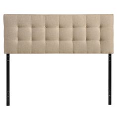 an upholstered headboard with black legs and buttons on the top, in beige fabric