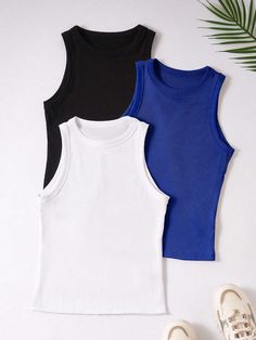 Multicolor Casual Collar  Knitted Fabric Plain Tank Embellished High Stretch  Women Clothing Simple Tank Tops, Elegant Dresses Long, Casual Tank Tops, Workout Tank Tops, Basic Tops, Kids Beachwear