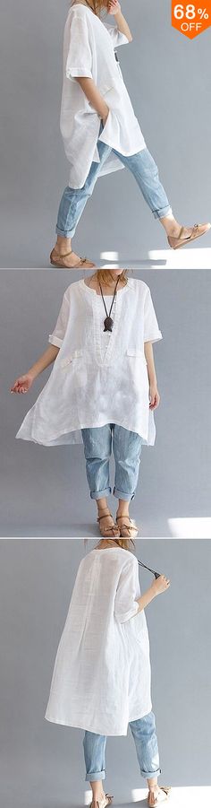 I love those fashionable and beauiful blouses from banggood.com. Find the most suitable and comfortable outfit at incredibly low prices here. #blouse #womensfashion #outfits Sewing Clothes Women, Trendy Sewing, Asymmetrical Blouse, Mode Boho, Clothes Women, Loose Shirts, Side Split, Outfit Idea, Blouse Styles