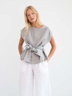 "ALEXANDRA is a linen tie waist top. DETAILS - Cap sleeve design - Crew neck - Self tie belt - 100% lightweight European linen fabric - Cut and sewn to order just for you in our studio SIZING & FIT - Relaxed, loose fit - Length (shoulder to hem) is approximately 22.5 inches / 57 cm - Bust (pit to pit) is approximately 20.5 inches / 52 cm - Shoulder to shoulder is approximately 19 inches / 48 cm - Measurements taken from a size S - Model is wearing a size S - Model is 5'8\" / 173cm tall and usual Moda Over 50, Linen Tops, Tie Waist Top, Linen Fashion, Womens Blouses, Handmade Clothing, Top Tank, Linen Blouse, Fashion Over 50