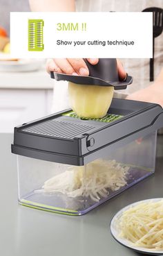 a person grating cheese with a mandolin on a counter top next to a plate of noodles