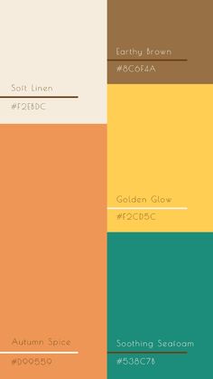 the color scheme for an orange, yellow and green palette with text that reads earthy brown