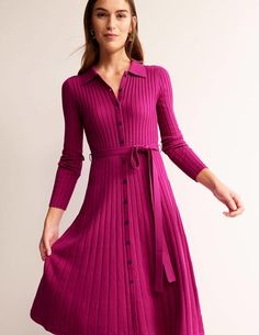 Rachel Knitted Shirt Dress - Vibrant Plum. Rachel Knitted Shirt Dress.Vibrant Plum.Our Rachel dress is made with a blend of cotton and wool for that all-important mix of comfort and warmth. The ribbed fabric hugs the body with a belt to add definition across the waist. Pair with knee-high boots for a timeless look. Modest Dress Outfits, Pentecostal Fashion, Knitted Midi Dress, Knitted Shirt, Knit Shirt Dress, Purple Midi Dress, Cotton Midi Dress, Mid Length Dresses