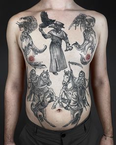 a man with many tattoos on his chest and back is standing in front of a black background