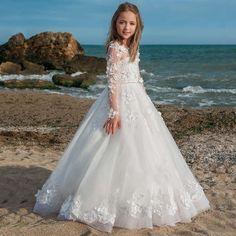 Flower Girls Long Sleeves Ball Gown with Pearl Sash Holy First Communion Princess Dress - TulleLux Bridal Crowns &  Accessories Flower Girl Wedding Dress, Girl Wedding Dress, Long Flower Girl Dresses, Holy Communion Dresses, Flower Girl Wedding, Girls Ball Gown, Long Sleeve Ball Gowns, Cheap Flower Girl Dresses, Princess Flower Girl Dresses