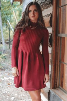 Adding the cutesy to cabin, that's exactly what these dresses are gving!! Long sleeve sweater mini dress, high neck, bubble style bottom, not lined Material is Nylon Hang to dry Model is 5'7 wearing a small SHOP THE LOOK Small Medium Large Length 33" 34" 35" Bust 14.5" 15.5" 16.5" Chic Red Mini Sweater Dress, Red Knee-length Sweater Dress For Spring, Wedding Guest Romper, Casual Red Knee-length Sweater Dress, Party Bottoms, Non-stretch Long Sleeve Sweater Dress, A-line Stretch Sweater Dress, Bubble Style, Amazing Lace