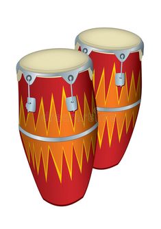 two red drums with yellow and orange designs