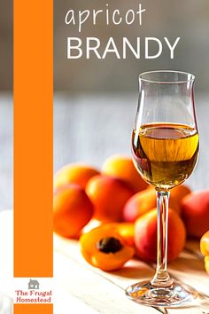 a glass of wine sitting next to some fruit on a wooden table with the words apricot brandy