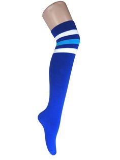 Women and Girls Triple Stripes Over Knee High Cotton Socks, Multi-colors available. Popular and the bright point for Party, great gift for Holiday and birthday. They're made by combed cotton and polyester and spandex, the features are comfortable and breathable and elasticity. Trendy Blue Knee-high Socks For Winter, Casual Blue Stretch Stockings, Trendy Stretch Blue Stockings, Trendy Blue Stretch Stockings, Blue Stretch Sporty Socks, Sporty Stretch Blue Socks, Sporty Blue Stretch Socks, Casual Blue Hosiery For Winter, Casual Blue Winter Hosiery