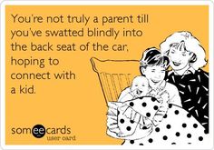 a woman and child sitting on top of a chair with the caption you're not truly a parent till to the back seat of the car, hoping to connect with a kid