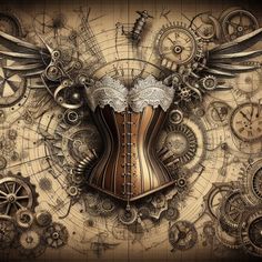 a steampunk corset with wings and gears around it