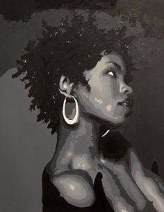 a painting of a woman with large hoop earrings on her ear and black shirt, looking off to the side