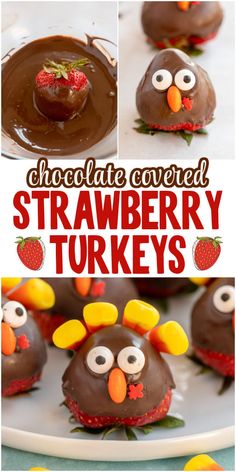 chocolate covered strawberries are in the shape of turkeys