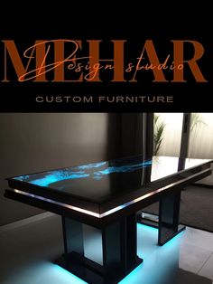 an illuminated table in the middle of a room