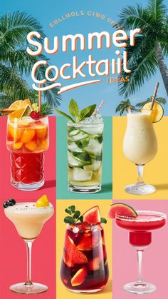 various cocktails and drinks are shown in this advertisement for the summer cocktail festival, which is