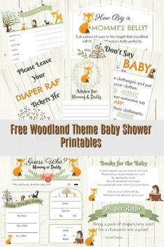 the woodland baby shower printables are shown