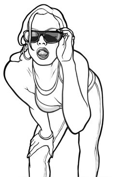 a drawing of a woman wearing sunglasses and holding her hand up to her face with one hand