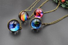 Cosmic Galaxy Necklace,Finished Necklace,Spherical Glass Cabochons,4 Styles Available-BT102 Qty:A complete necklace Tray Size:26*22mm-20mm (1 inch = 25.4mm) Glass cabochon:Diameter 20mm （Hemispherical） Chain Length: 45cm  Extended chain:5cm Material:Metal,Photo glass cabochon Weight:14.5g Product Number:BT102 If you don't like the cabochon photo you can choose other from my store,Please chosse 16mm Size cabochons.Of course, I can also make the picture you want, that need you to send pictures to Multicolor Cabochon Round Pendant Necklace, Multicolor Cabochon Necklace With Round Pendant, Cosmic Galaxy, Galaxy Necklace, Chain Lengths, Chain Length, Pendant Necklaces, Jewelry Necklace Pendant, Jewelry Necklaces