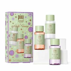 Pixi Skintreats Multi-Toning Set Milky Tonic soothes, Glow Tonic exfoliates and Retinol Tonic smooths. This kit contains Pixi's popular active tonics to customize for multi-toning or use alone. Pixie Toner, Cleanser Products, Evening Primrose Flower, Pixie Makeup, Pixi Skintreats, Skincare Routine Order, Pixi Glow Tonic, Glow Tonic, Pixi Beauty