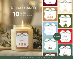 holiday candle label templates for 10 different labels in various colors and sizes, including one with