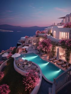 an artist's rendering of a luxury villa overlooking the ocean at dusk with pool and lounge chairs