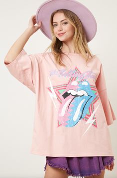 Rolling Stones Short Sleeve Graphic Tee- Loose fit- Rolling Stones '89 Tongue graphic print- Round neck Rolling Stones Tee, Denim Short Dresses, Oversized Graphic Tee, Capri Blue, Wide Leg Denim, Active Wear Tops, Quality Fashion, Rolling Stones, How To Feel Beautiful