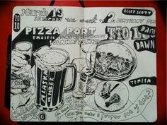 a pizza menu is shown in black and white with some writing on the front page