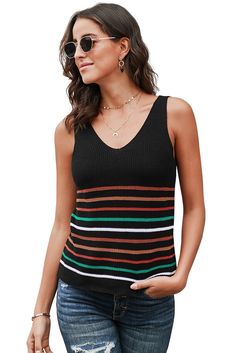 Multicolor Stripes Black Knit Tank Top Casual Black Knitted Top, Casual Black V-neck Knit Top, Chic Black Knitted Tops, Black V-neck Sweater For Summer, Vintage Harem Pants, Color Window, Slim Cardigan, Linen Dress Summer, Strapless Long Dress