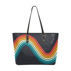 70s Style Groovy Handbag, Retro Handbag, Retro Bag, Vintage style Bag, PU Leather Bag, Funky Handbag,Rainbow handbag,rainbow bag, Hippie Bag Designed in California, Handmade to order from overseas I designed this tote handbag for those who loves the 70s. It's got a cute groovy rainbow pattern print on the bag front bodice and back. One main compartment and one inner zipper pocket.Large space to hold your ipad, magazines, books, cosmetics, bottles, phone and so on.Single zippered top inside closu Retro Everyday Bag With Zipper Closure, Retro Bags With Zipper Closure For Everyday, Retro Black Bag For Everyday Use, Retro Black Bag For Everyday, Retro Everyday Shoulder Bag With Zipper Closure, Black Retro Bag For Everyday, Black Retro Everyday Bag, Retro Bags With Zipper Closure For On-the-go, Retro Shoulder Bag With Zipper For Shopping