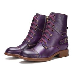 Comfortable Real Leather Ankle Boots Casual Moto Boots With Front Lace-up, Fall Purple Round Toe Boots, Purple Round Toe Boots For Fall, Casual Purple Boots For Fall, Fall Lace-up Moto Boots Medium Width, Purple Closed Toe Boots For Fall, Fall Purple Closed Toe Boots, Casual Lace-up Fall Booties, Casual Lace-up Booties For Fall