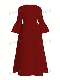 Style:Elegant \nType:A Line \nDetails:Belted \nDetails:Button \nHem Shaped:Flared \nSleeve Type:Flounce Sleeve \nWaist Line:High Waist \nDetails:Ruffle \nNeckline:V neck \nColor:Burgundy \nPattern Type:Plain \nSleeve Length:Long Sleeve \nLength:Long \nFit Type:Loose \nFabric:Non-Stretch \nMaterial:Woven Fabric \nComposition:95% Polyester \nComposition:5% Elastane \nCare Instructions:Machine wash or professional dry clean \nSheer:Semi-Sheer \n Flounce Sleeve, Style Elegant, Dress P, Plus Size Dresses, Sleeve Dress, Woven Fabric, Neck Tie, High Waist, Dry Clean