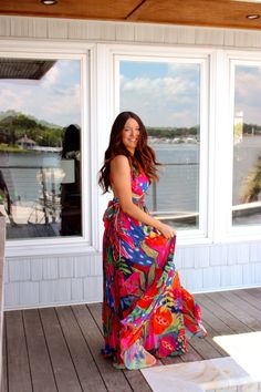 Colorful maxi dress with v-cut neckline, tie bow shoulders, and slimming waist tie! Multicolor V-neck Maxi Dress For Beach, Multicolor Print V-neck Maxi Dress For Vacation, Tropical V-neck Maxi Dress With Vibrant Print, Multicolor Tropical Print V-neck Dress, Colorful Maxi Dress, Tropical Multicolor Maxi Cover-up, Cocktail Dress Formal, Summer Bikinis, Tie Bow