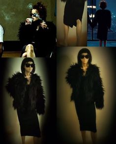 four different shots of mannequins dressed in black and wearing sunglasses, with one woman's head tilted to the side