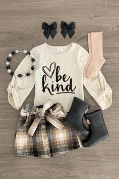 "Be Kind" Cream & Plaid Skirt Set | Sparkle In Pink Stella Outfits, Hannah Mae, Cream Long Sleeve Top, Kids Outfits Daughters, Plaid Skirt Set, Boutique Outfits