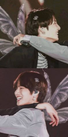 two pictures of the same person with wings on their head and one has his arm around another man's shoulder