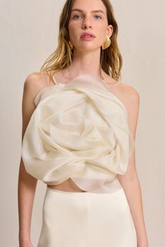 CULT GAIA ROSA TOP IN OFF WHITE Elegant Sleeveless Organza Blouse, Elegant Sleeveless Organza Top, White Organza Evening Top, Chic White Organza Tops, Sheer White Organza Top, White Sheer Organza Top, White Organza Blouse For Evening, Sheer Organza Tops For Wedding, Sheer Organza Wedding Tops