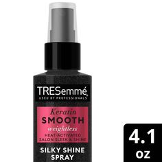 Bring on the heat and nail your shiniest styles with TRESemmé Silky Shine Spray from our Keratin Smooth Weightless collection. Our professional-quality spray gives your strands an instant mirror shine AND protects hair from heat damage so you can style away. Our formula is a lightweight, oil-free formula that will leave you with a sleek finish that never looks or feels greasy. Perfect your Sleek & Straight look in 3 easy steps. Prep strands with Keratin Smooth Shampoo and Conditioner, then style Tresemme Keratin Smooth, Shine Hair, Shine Spray, Finishing Spray, Hair Shine, Hair Spray, Sleek Hairstyles, Cruelty Free Beauty, Anti Frizz Products