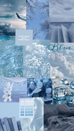 a collage of blue and white images