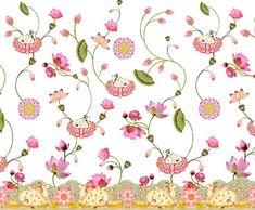 a floral pattern with pink flowers and green leaves on a white background that is border