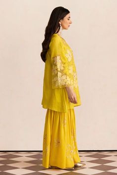 Mango yellow silk kurta with floral and beaded embroidery. Comes with sharara and a cotton slip. - Aza Fashions Kurta And Sharara Set, Kurta And Sharara, Mango Yellow, Yellow Kurta, Cotton Slip, Silk Kurta, Yellow Silk, Beaded Neckline, Sharara Set