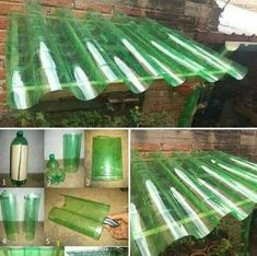 green plastic bottles sitting on top of a table next to a brick wall and roof