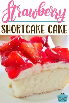 strawberry shortcake cake on a plate with text overlay