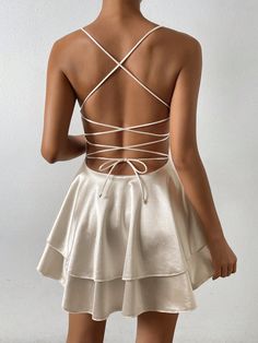 Sexy Crisscross Backless Spaghetti Strap Dress Apricot Sexy  Sleeveless Knitted Fabric Plain Cami High Stretch  Women Clothing, size features are:Bust: ,Length: ,Sleeve Length: Short Women Outfits, Retro Summer Outfits, Elegant Wrap Dress, Low Back Dress, Satin Cami Dress, Mini Homecoming Dresses, White Spaghetti Strap, Summer Dress Outfits, Dress For Short Women