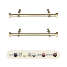 three different types of curtain rods on a white background, one is gold and the other two are black